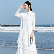 【禪意女裝佛系】風(fēng)文藝復古禪舞服裝中式上衣冷淡風(fēng)連衣裙棉麻瑜伽服茶服居士服女白色超仙禪服女新款演 白色連衣裙(不含模特的褲子) S