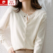 皮爾卡丹（pierre cardin）2024春秋季新款圓領(lǐng)針織打底開(kāi)衫女長(cháng)袖百搭帶金絲線(xiàn)外套上衣毛衣 米色 L