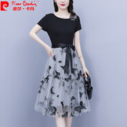 皮爾卡丹（pierre cardin）2025年夏季新款加碼女裝氣質(zhì)短袖收腰網(wǎng)紗繡花拼接假兩件連衣裙女 黑色 4XL (160-180斤)