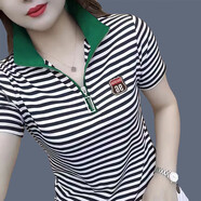 女士t恤短袖夏季2024新款時(shí)尚中年polo衫氣質(zhì)淑女潮流洋氣小衫 拉鏈領(lǐng)條紋綠色 XL