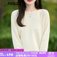AESZ羊絨衫女100%山羊絨新款圓領(lǐng)秋冬打底衫內搭針織衫洋氣上衣毛衣 米白色 2XL 【建議130-145斤】