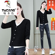 啄木鳥(niǎo)假兩件上衣長(cháng)袖T恤打底衫女新款領(lǐng)修身顯瘦2025年外穿短款春夏裝 黑色 2XL _建議126-135斤
