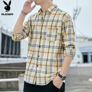 花花公子（PLAYBOY）格子襯衫男春秋季新款時(shí)尚潮流休閑外套男士寬松百搭免燙上衣男裝 Q-CHAOSHH119黃色 XL 175