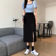 她風(fēng)采新款碎花開叉中長(zhǎng)裙半身裙女2022春秋街頭街頭高腰顯瘦顯高A字裙 黑色 側(cè)開叉 S 【建議81-95斤】