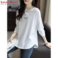 LOVER RUCCI歐貨黑色中長款長袖t恤女2025秋冬寬松小眾設(shè)計圓領(lǐng)弧形打底衫ins 白色到ODE雙層字母到中間】 S