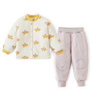 棉大班（MIANDABAN）寶寶夾棉保暖內衣套裝嬰兒秋冬三層薄棉加厚棉衣棉褲男女童冬裝新 可愛(ài)飛鳥(niǎo)+灰色 120 CM