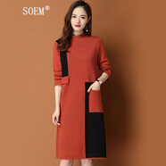 SOEM原創(chuàng)高端女裝中長(zhǎng)款過(guò)膝毛衣裙秋冬新款寬松撞色連衣裙 橘色【保證】 M