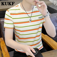 KUKF輕奢高檔品牌短袖T恤男士體恤潮牌男裝夏裝純條紋半袖簡(jiǎn)約上衣 705黃色 2XL 180