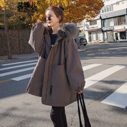 艾珠兒 工裝棉服女2020冬季新款女裝ins港風(fēng)韓版寬松加厚加絨棉衣派克服小矮個(gè)子冬季外套 咖色 S