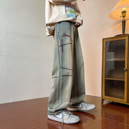 7家優(yōu)品牛仔褲子男春秋季新款美式復古刺繡做舊寬松直筒長褲高街潮牌長 DDD-398藍色 XL 【適合體重135-150斤】