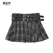漫藍(lán)夢配皮帶學(xué)院風(fēng)格子辣妹短裙女皺褶a字百褶裙設(shè)計感高腰半身裙子ins 黑色 【配腰帶】 M 【建議96-108斤】