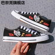 巴奈克手繪動(dòng)漫帆布鞋男低幫鞋運動(dòng)春季韓版潮流涂鴉小白鞋休閑學(xué)生板鞋 涂鴉低幫黑tom和jerry 35