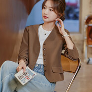 韓依索絲短款小西裝外套女新款小個(gè)子休閑氣質(zhì)今年流行咖色西服女上衣 單件-咖色外套 M