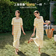 Olrain【鏤空條紋針織連衣裙】夏季女裝優(yōu)雅爛漫長(cháng)裙度假風(fēng) 淺黃色 S