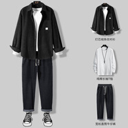 摘星少年衣服男燈芯絨外套男士套裝春秋加厚2024男裝一套夾克襯衫三件套 黑色三件套燈芯絨+長(cháng)袖+牛仔褲 3XL