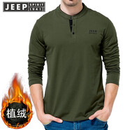 JEEP吉普長袖t恤男士春秋時尚立領(lǐng)棉體恤衫男裝上衣 軍綠加絨 XL