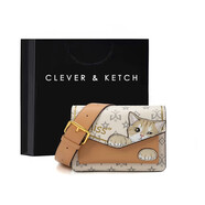 CLEVER & KETCH包包女包斜挎包卡通印花腋下包百搭郵差包小方包生日禮物送女友 白拼杏