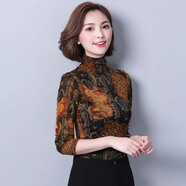 瑤益亮絲打底衫女春秋印花高領(lǐng)保暖網(wǎng)紗上衣百搭長袖t恤加絨小衫 黃色/不加絨6082# XL