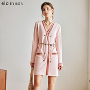Olrain法式粉色連衣裙女春裝收腰顯瘦氣質(zhì)V領(lǐng)撞色直身裙 粉色 M 160/84A
