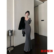 佐菲黛法式性感v領(lǐng)長(zhǎng)袖連衣裙秋冬純欲緊身后媽魚尾裙內(nèi)搭收腰長(zhǎng)裙 灰色-打底連衣裙秋冬遮肚顯瘦 S -打底連衣裙秋冬遮肚顯瘦
