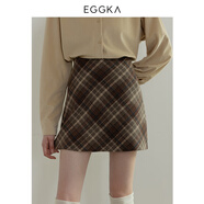 EGGKA 高腰a字半身裙秋冬新款顯瘦格子短裙小個(gè)子棕色毛呢裙子 咖色 S