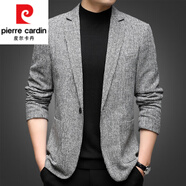 皮爾卡丹輕奢高檔品牌男裝  春秋季男士休閑西服翻領(lǐng)條紋中青年商務(wù)單西小西裝外套針織 DX8183淺灰 175/XL120-140斤穿