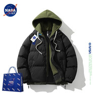 NASA LIKE官方棉服男冬季保暖假兩件連帽棉衣羽面包絨服男士防寒外套棉襖子 N99黑色 XL （建議120-140斤）
