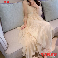 范哲莎溫柔仙女裙很仙的連衣裙長(cháng)裙春夏季新款韓版海邊度假雪紡裙兩件裝 香檳色【開(kāi)衫+吊帶裙】?jì)杉b 不 S 建議75-90斤
