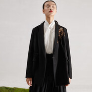 界內(nèi)界外原創(chuàng)設(shè)計師中式盤扣西裝外套女士2020秋季新款刺繡中國風修身白色羊毛呢西服 黑色【羊毛100%】 S