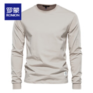 羅蒙（ROMON）純色男t恤小白T休閑長袖純棉打底衫早春百搭圓領(lǐng)白色重磅上衣 卡其色 M 體重125-145斤