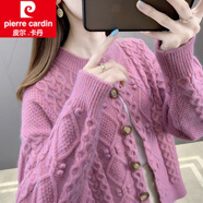 皮爾卡丹（pierre cardin）粗線(xiàn)加厚毛衣外套寬松慵懶風(fēng)麻花上衣針織開(kāi)衫女2025新款秋季女裝 粉色 S 80-99斤