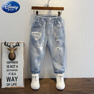 迪士尼（Disney）男童牛仔褲中大童寬松休閑小男孩破洞乞丐百搭老爹褲 21新款-藍色破洞長(cháng)褲 100