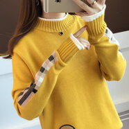 花陌田秋冬韓版百搭時(shí)尚圖案半高領(lǐng)套頭針織衫女保暖打底衫 小熊-黃色 M建議（90-110斤）