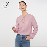 玖姿（JUZUI）蕾絲拼接氣質(zhì)雪紡衫春款女優(yōu)雅通勤系帶簡(jiǎn)約上衣 粉紅 L