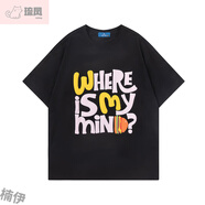琉鳳做夢特長生 美式字母發(fā)泡印花棉質(zhì)T袖男女夏季寬松簡約情侶半袖 黑色 S