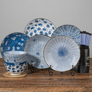 美濃燒（Mino Yaki）日本進(jìn)口藍繪碗盤(pán)筷子餐具套裝碗碟輕奢日式和風(fēng)15件套 【藍繪】 15件套