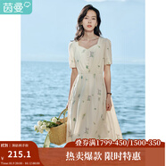 茵曼（INMAN）文藝連衣裙2025夏季女裝新款花邊桃心領(lǐng)收腰泡泡袖長裙 悠蘭杏 L