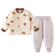 棉大班（MIANDABAN）寶寶夾棉保暖內衣套裝嬰兒秋冬三層薄棉加厚棉衣棉褲男女童冬裝新 咖色熊+灰色 90 CM