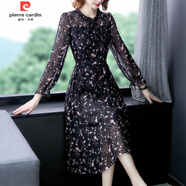 皮爾卡丹（pierre cardin）春秋季新款大碼女裝碎花長袖雪紡連衣裙夏200斤遮肚顯瘦長裙 黑色 【新品】 M 【90-105斤】