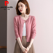 皮爾卡丹（pierre cardin）羊毛開衫薄款女新款V領(lǐng)短款小外搭紅色毛衣外套針織上衣春秋毛衫 絲滑粉圓 L 170