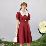 紫涵（ZIHAN）收腰連衣裙女氣質(zhì)收腰撞色公主袖 復古紅 XS