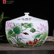 艾登森景德鎮密封陶瓷米缸儲物罐茶葉糯米酒豬油鹽面粉防潮蟲(chóng)五谷雜糧桶 卡其色 鴛鴦戲荷20斤