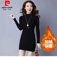 皮爾卡丹（pierre cardin）秋冬新款毛衣女中長(cháng)款加絨加厚針織衫打底衫女韓版修身顯瘦包臀潮 黑色 【全身加厚】 加絨 S 【建議體重80-95斤】