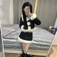 AEMAPE秋冬兩件套快手網(wǎng)紅同款小香風(fēng)毛領(lǐng)仿麂皮絨夾棉外套+包臀短裙女 黑色短裙套裝【夾棉款】 L