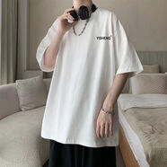 嗨森主義夏季新款休閑短袖t恤男生韓版印花運動(dòng)原宿風(fēng)寬松大碼五分袖上衣 續戰T149純棉白色 M