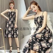 OVMATTU品牌歐麥圖碎花連衣裙女裝新品夏季2019新款復(fù)古仙女顯瘦性感小個子吊帶裙子潮 黑大花 均碼