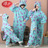 浪莎（LangSha）親子睡衣男女兒童連體冬季法蘭絨卡通小狐貍珊瑚絨母女家居服 81273#小怪獸 連體 M 女裝L碼 160-168c 100-120