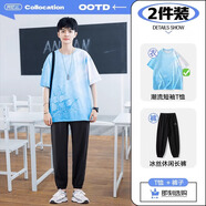 阿尼三青少年夏季冰絲短袖t恤男潮流帥氣2025新款初中高中學(xué)生潮牌半袖 02款天蘭色+長褲 M