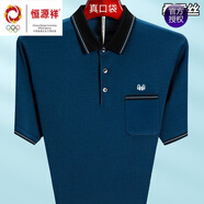 恒源祥官方桑蠶絲男士短袖t恤翻領(lǐng)中老年爸爸夏裝冰I絲半袖上衣Polo衫男 3808蘭色(真口袋) M 165(建議100-120斤)