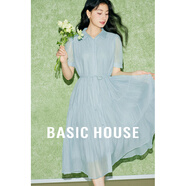 Basic House/百家好系帶萊賽爾連衣裙短袖A字中長(cháng)款裙2025夏新款 藍色 M 110-125斤